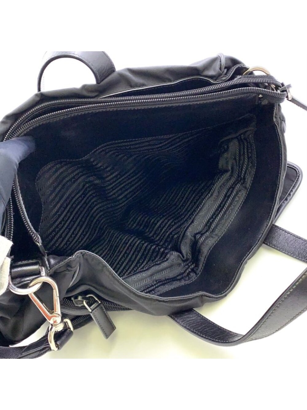 Prada 2-Way Shoulder Leather Nylon Black Handbag Silver - Picture 11 of 14